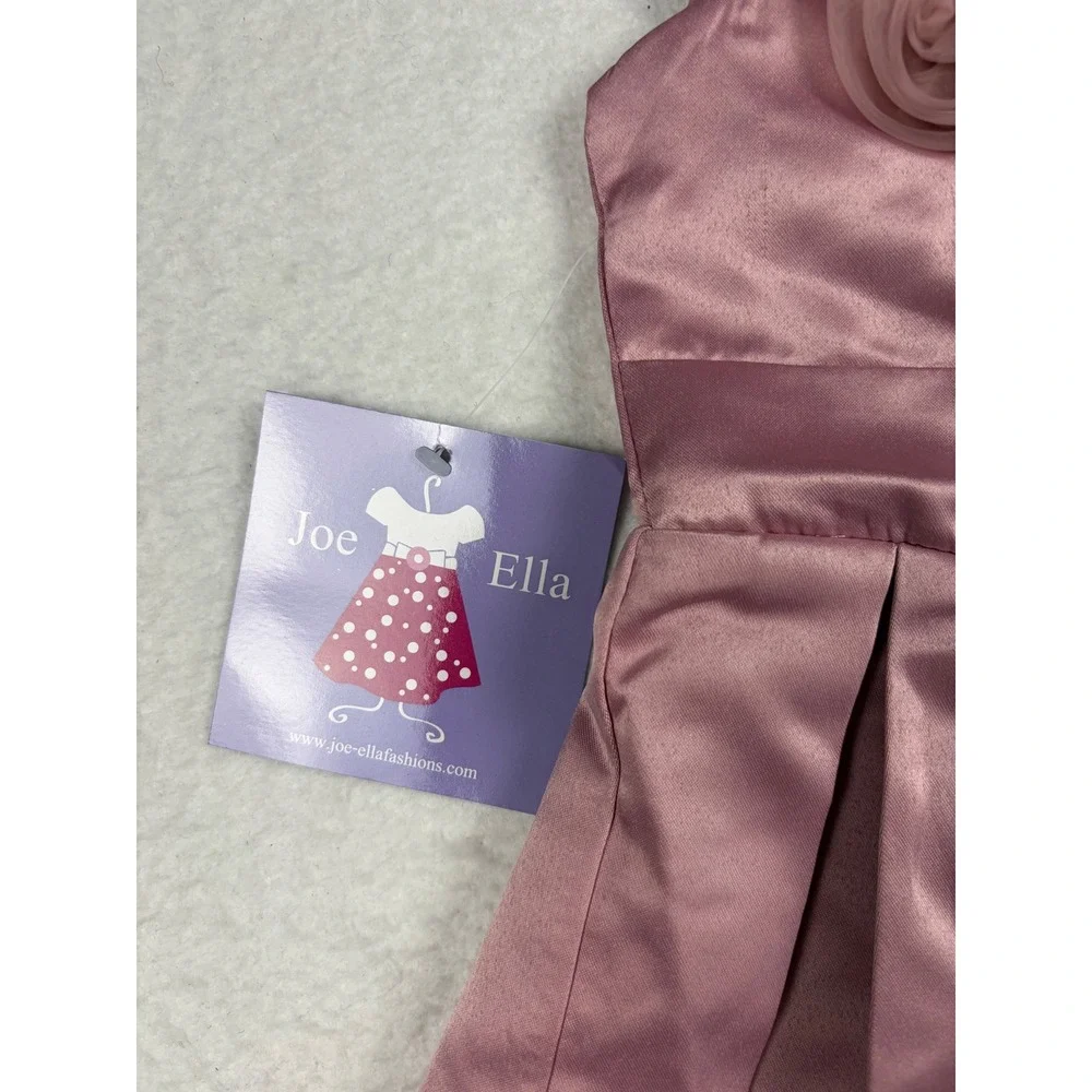 Joe Ella Girls Pink Satin Rosette Pleated Formal Dress Alice Blusa Size 4 NWT